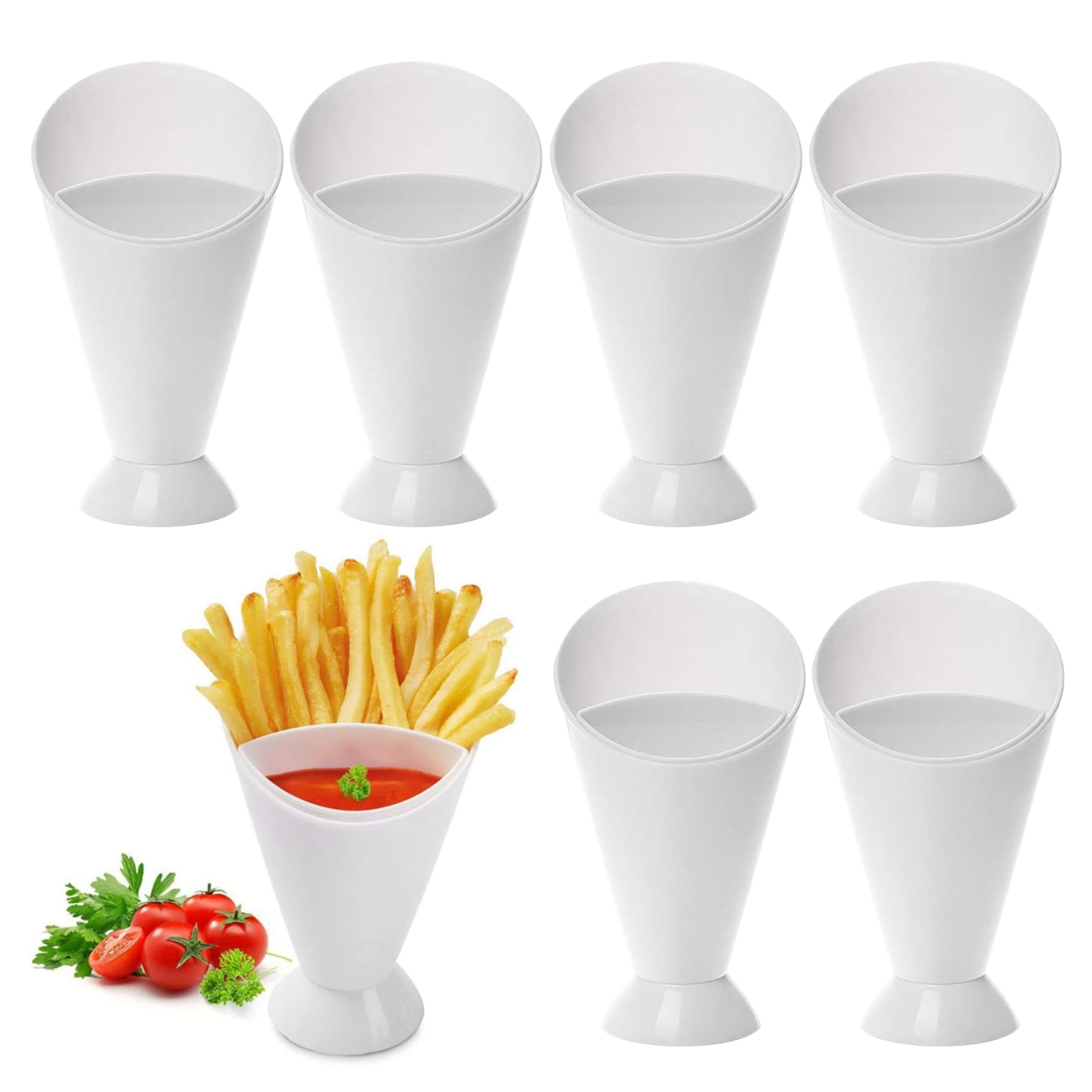 Otbushit White 6Pcs Plastic 6.30X3.86 Inch French Fry Holder Cone Dipping Cup With Detachable Sauce Cup Chip Holder For Fries Snack