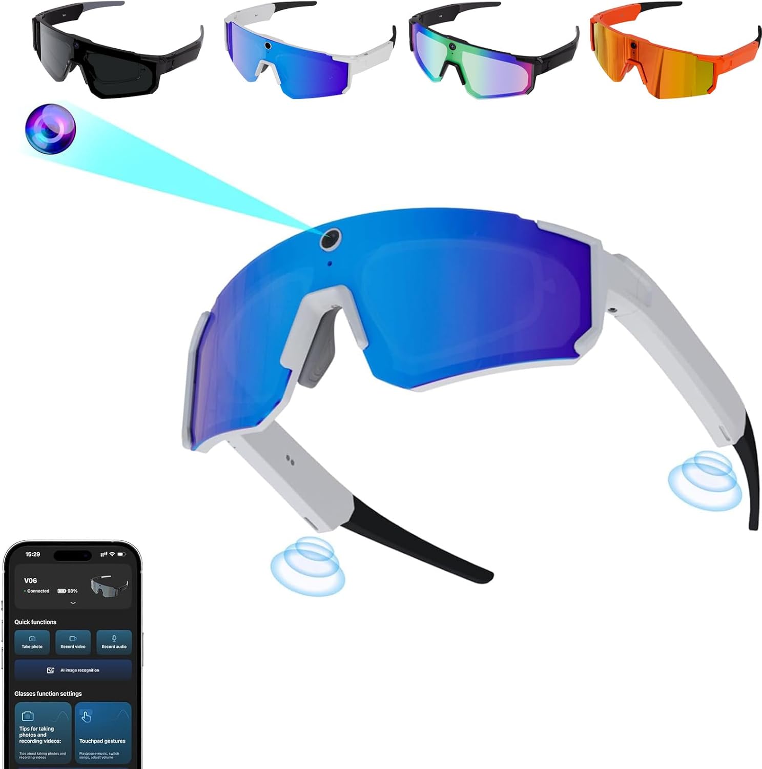 2026 AI Smart Glasses with Camera 4K, V06 Smart Glasses for Men, 8MP HD Video Recording Sunglasses with Camera, 4GB RAM, for ChatGPT Enabled, for Outdoor Video, Photos & Music (Blue)