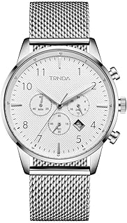 ساعة تريندي للرجال من الستانلس ستيل من ترندا - تصميم شبكي فضي لا يتأثر بمرور الزمن ومينا عصري