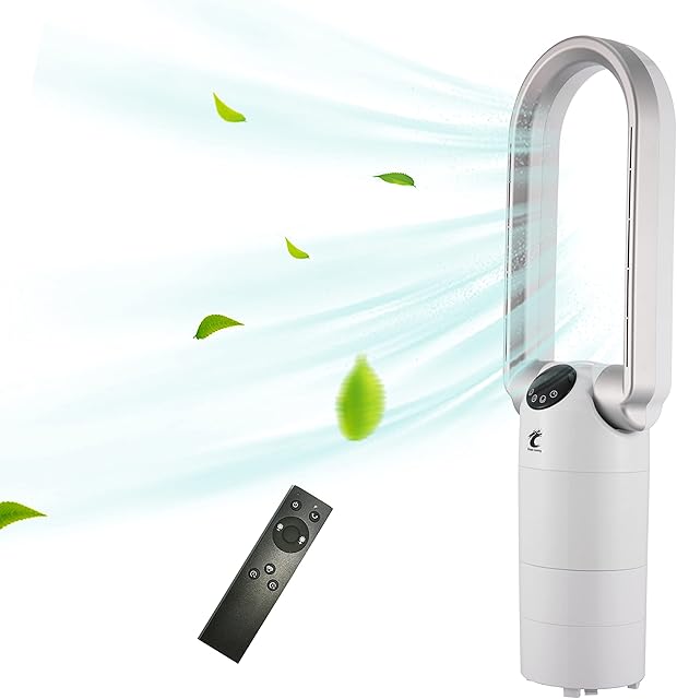 Bladeless Tower Fan with Remote, 28 inch Table Fan, 9 Speeds & 9 Hours Timer, 120 ° Oscillating & 360° Up and Down Outlet, 26W Desk Fan, Cooling Air Circulator for Room/ Office, White/Silver