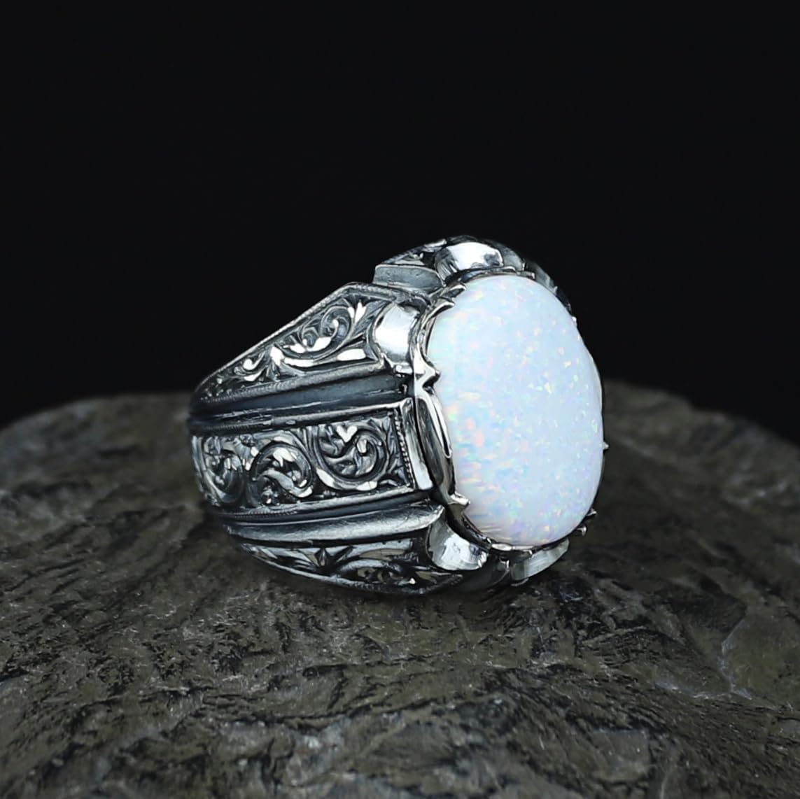 Men Handmade Natural Opal Gemstone Ring, Ottoman Style Handmade Men Ring, AAA Quality Opal Gemstone Ring