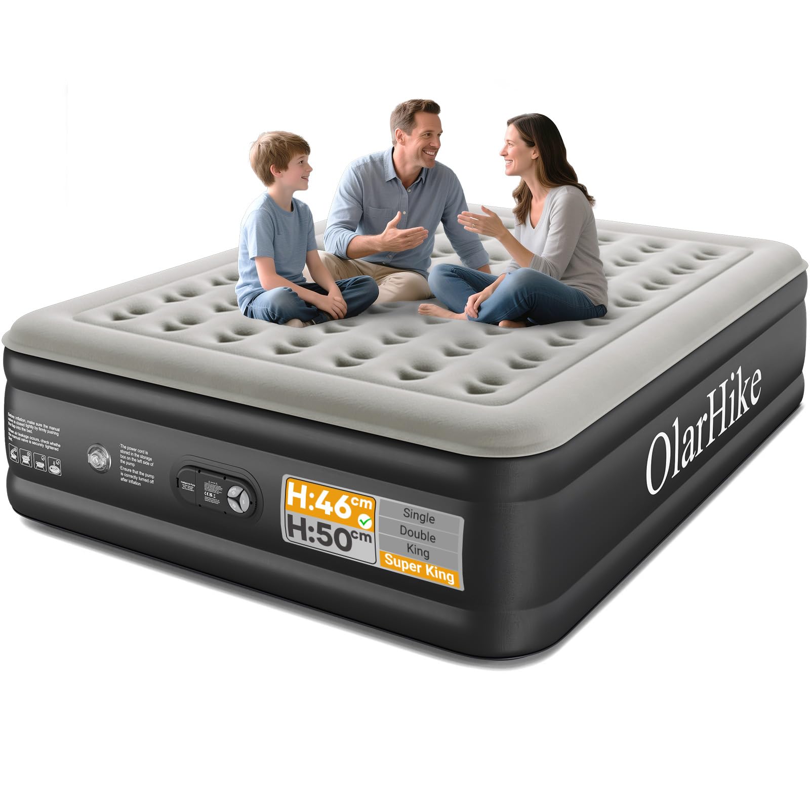 OlarHike Super King Size Airbed, Inflatable Mattress, 182cm x 213cm x 46cm, Air Bed with Built in Pump, Blow Up Mattress, Folding Guest Bed Self Inflating with Flocked Surface for Camping and Home Use