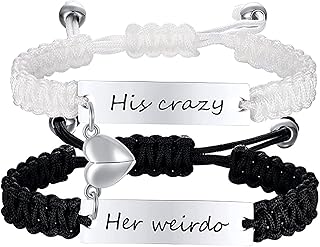Personalized Couples Bracelets, Custom Matching Bracelets for Couples His and Hers, Handmade Rope Braided Rhinestone, Stainless Steel Bracelets Valentines Day Gifts for Wife Husband