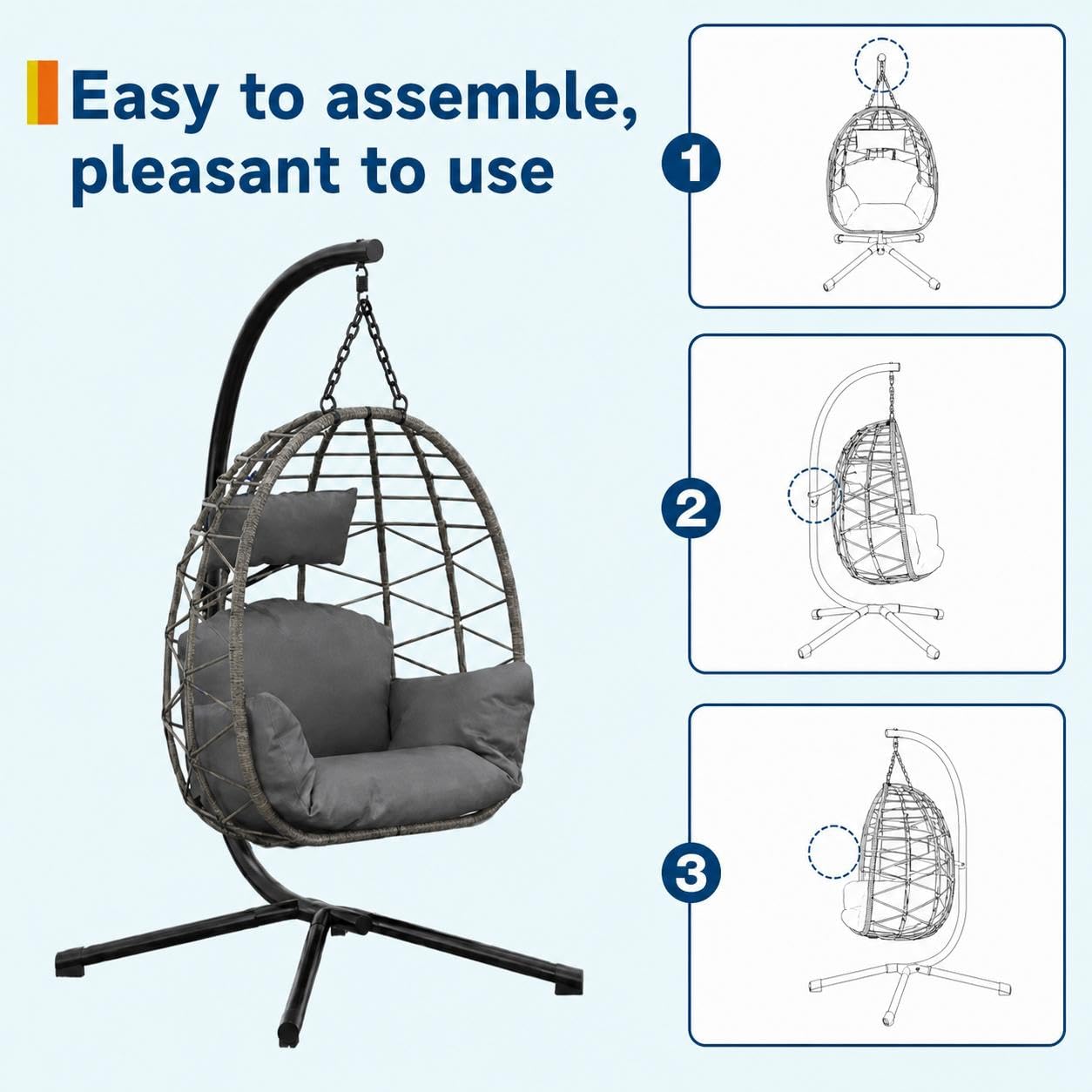 Hängesessel mit Gestell Outdoor bis 150 kg belastbar, Rattan Hängesessel mit Metallgestell & Kissen, Hängesitz für Garten, Terrasse & Balkon, Indoor & Outdoor nutzbar - Grau