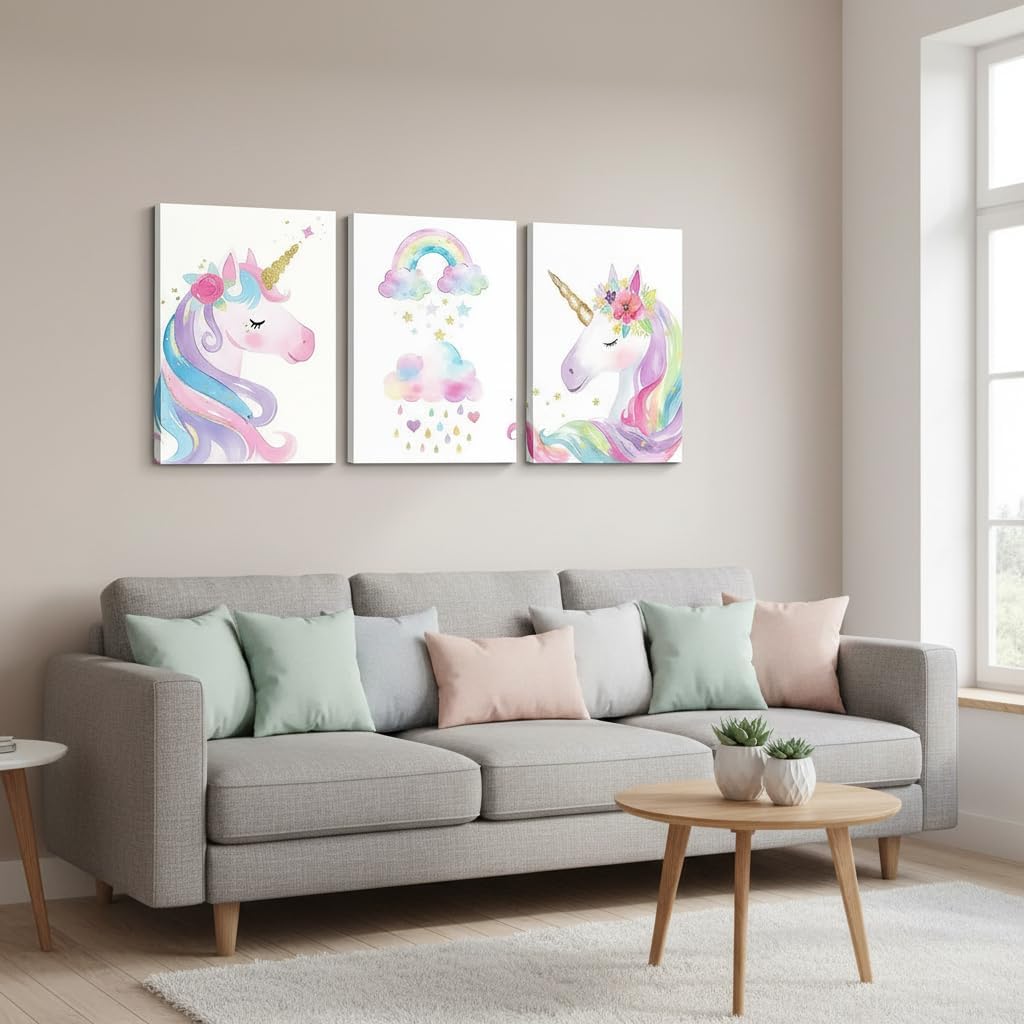Erosebridal Cute Unicorn Decor For Girls Room Kawaii Dreamy Print Paintings For Toddler Nursery Lovely Gifts,Colorful Rainbow Flowers Canvas Wall Art Of 3 Panels Watercolor Clouds Wall Pictures