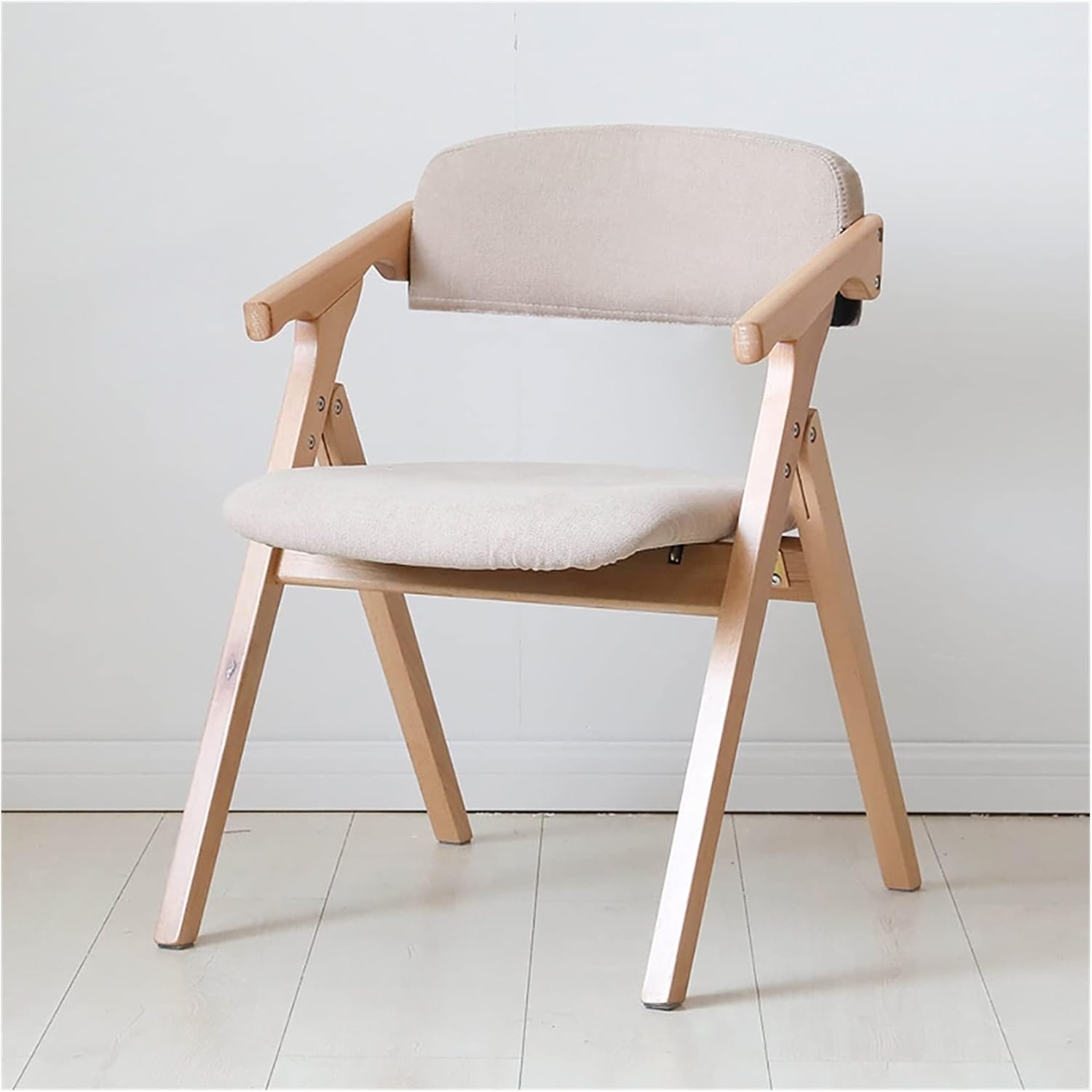 Retro Wood Dining Chair Folding Chair,Padded Stool Lounge Seat Sling Chairs W/Armrest,Portable Camping Beach Chair,Patio Chaise for Lawn Garden Pool,White