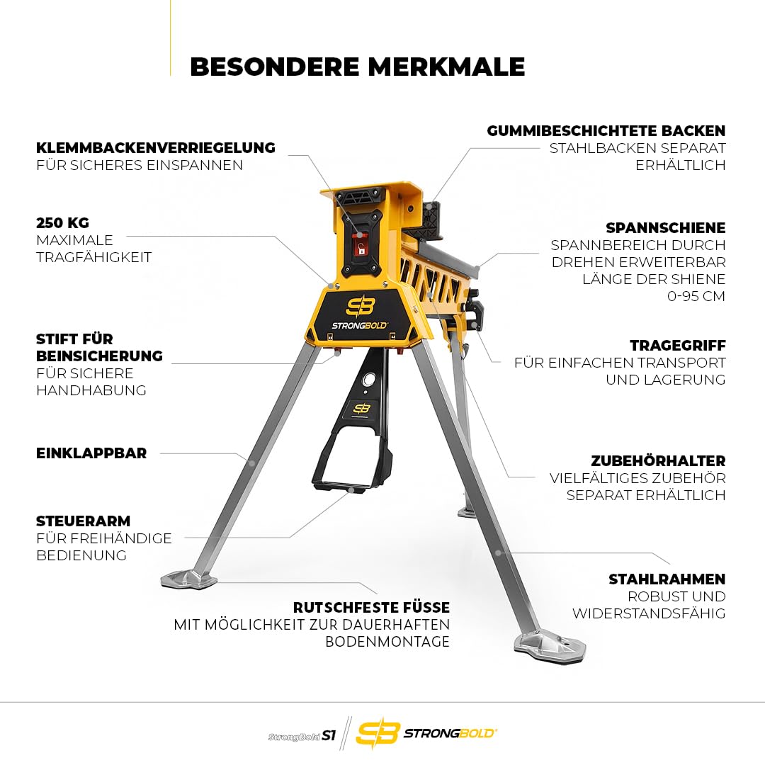 S1 Mobiler Spannbock - Werkbank klappbar mit Schraubstock, 10 kN Spannkraft, 95 cm Spannweite, 250 kg Tragkraft, mit Fußpedal für sichere Bedienung