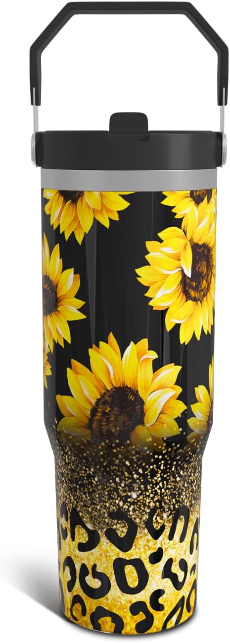 Sunflower Gifts Cup for Women Girls, 30oz Tumbler with Top Handle and Flip Straw, Stainless Steel Insulated Mug Water Bottle, Sun Flowers Floral Lover Birthday Gift Idea for Him Her