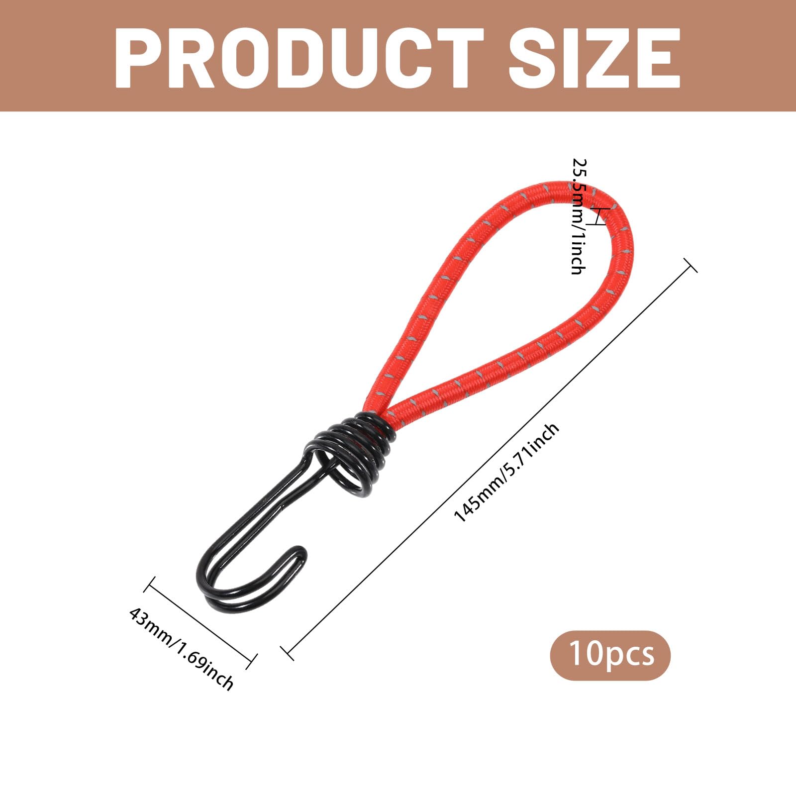 Lot de 10 crochets de corde élastique de 14,5 cm - Avec crochets - Très résistants - Pour l'extérieur, le camping, les bagages, les tentes, la randonnée - Rouge