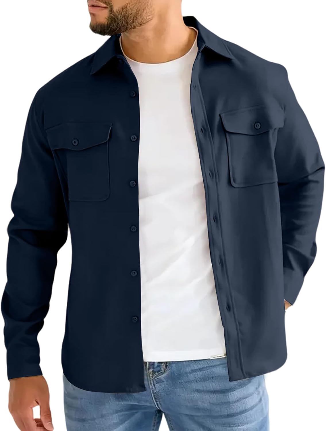 Men's Button Down Shirt Jacket Western Long Sleeve Shacket Lightweight Overshirt with Flap Pockets, S-2XL