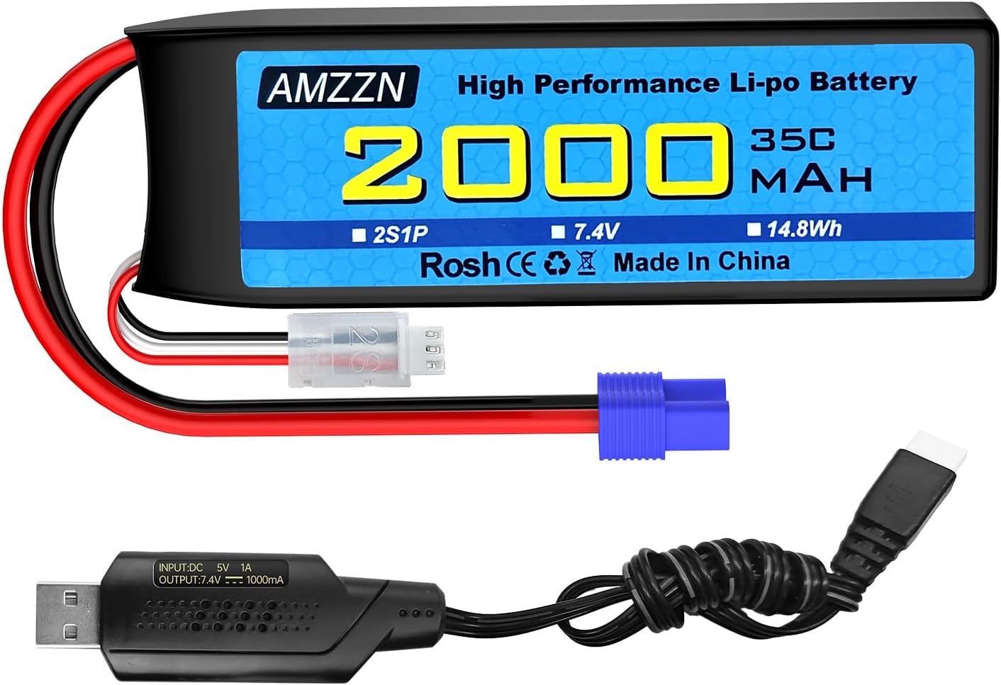 2S EC2 Lipo Battery Plug 7.4 V 2000 mAh 35C with USB Charging Cable for RC Car, Truck, Car Models, Remote Controlled Ships, RC Quad Rotor, FPV Drone Batteries