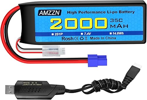 Batería Lipo de 7.4V 2000mAh 35C 2S EC2 Plug Lipo con cable de carga USB para coche RC, modelo de camión, barco de control remoto, RC Quadcopter
