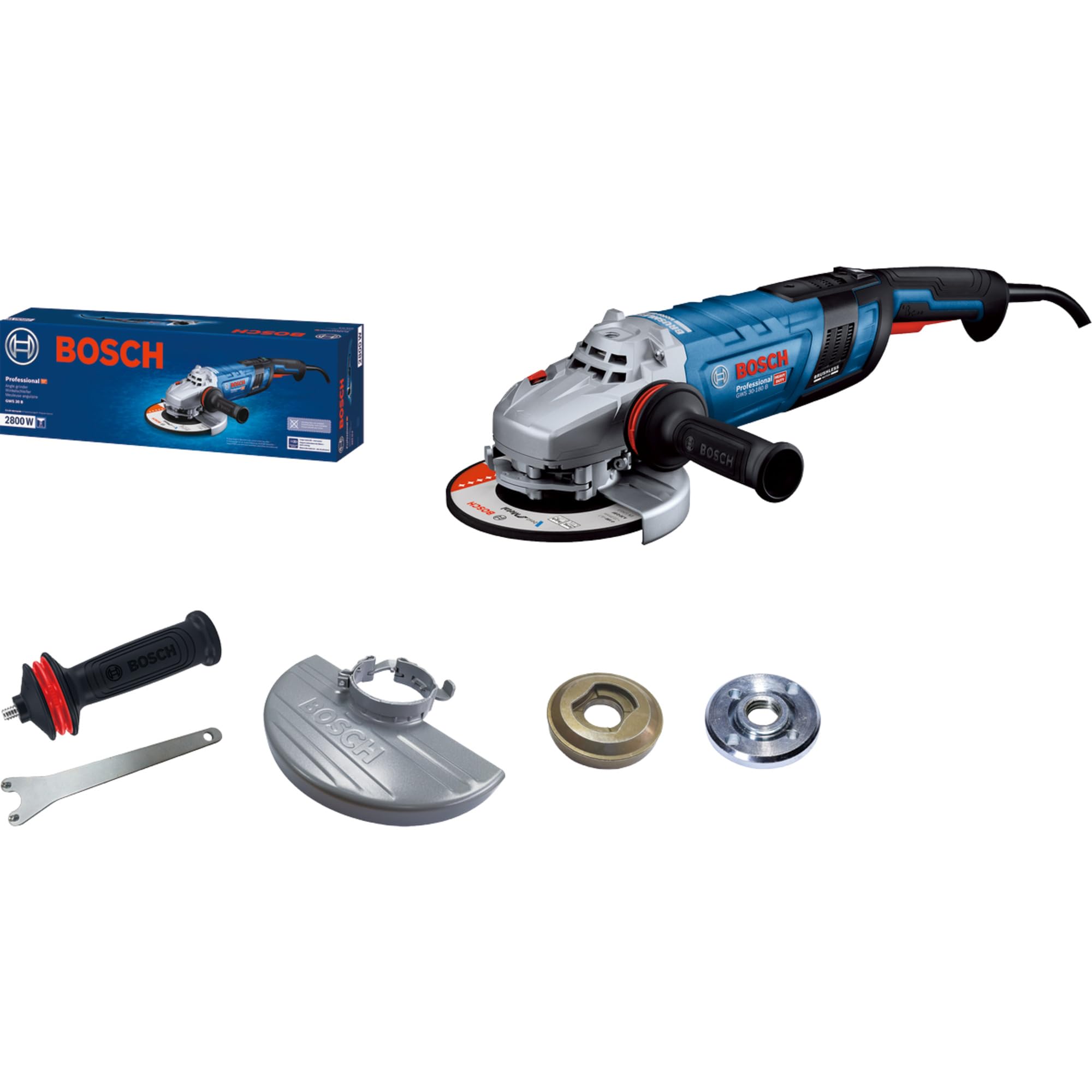Bosch Professional GWS 30-180 PB - Amoladora angular (Brushless, Ø 180 mm, 2800 W, KickBack Control, hombre muerto, freno)