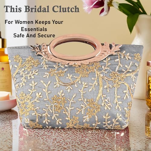 Image of Kuber Industries Polyester Hand Bag for Woman with Zip Closure | Ladies Purse | Lightweight Party and Wedding Clutch Purse for Women | Kada Design - Grey