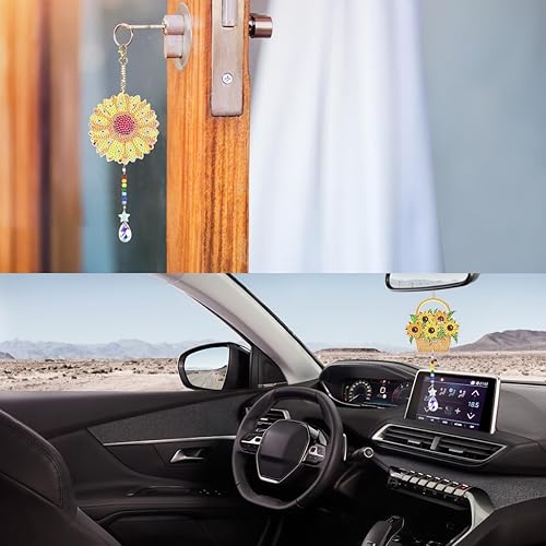 Miniatura 7 de SENHAI Juego de 8 carillones de viento de pinturas de diamantes 5D, diseño de colibrí de doble cara, girasol, cristal, mariposa, adornos con