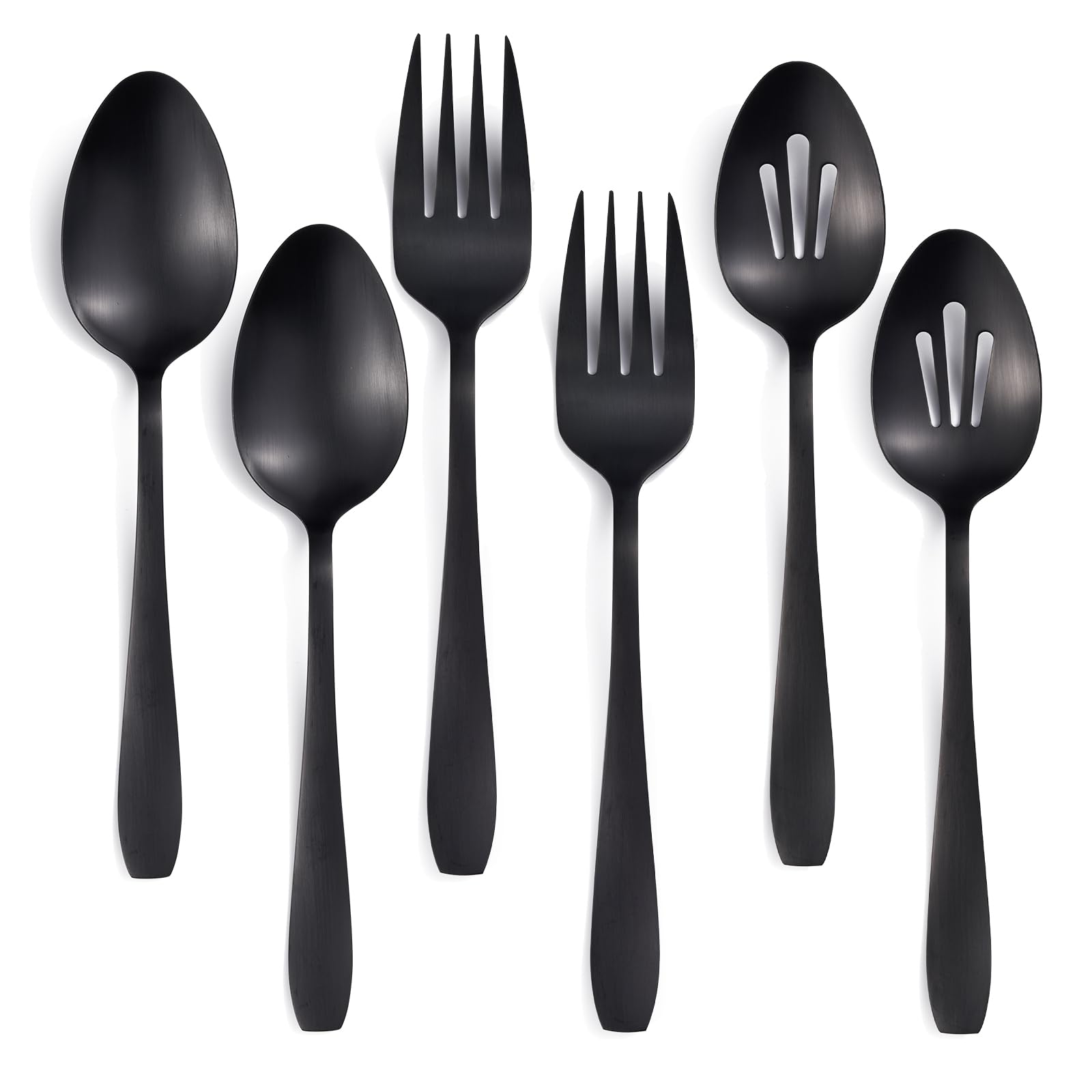 Seeshine6 Pieces Large Black Serving Utensils, Stainless Steel Catering Buffet Serving Set Hostess Set, Serving Spoon x 2, Slotted Serving Spoon x 2 and Serving Forks x 2 for Party Banquet Cooking