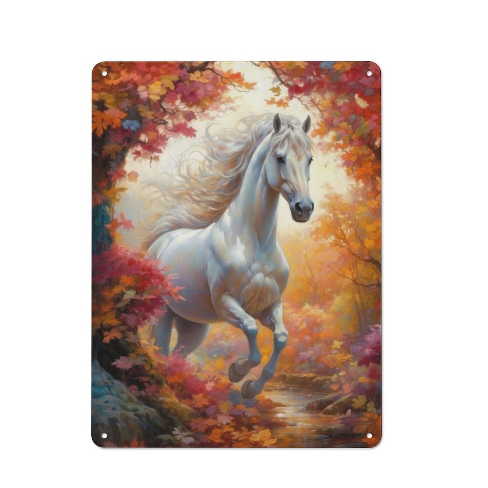 Junmoney Wild White Horse In Autumn Retro Metal Sign 40X30cm For Lounge Or Reading Corner, For An Autumn Wall Display In Lounge And Reading Corner