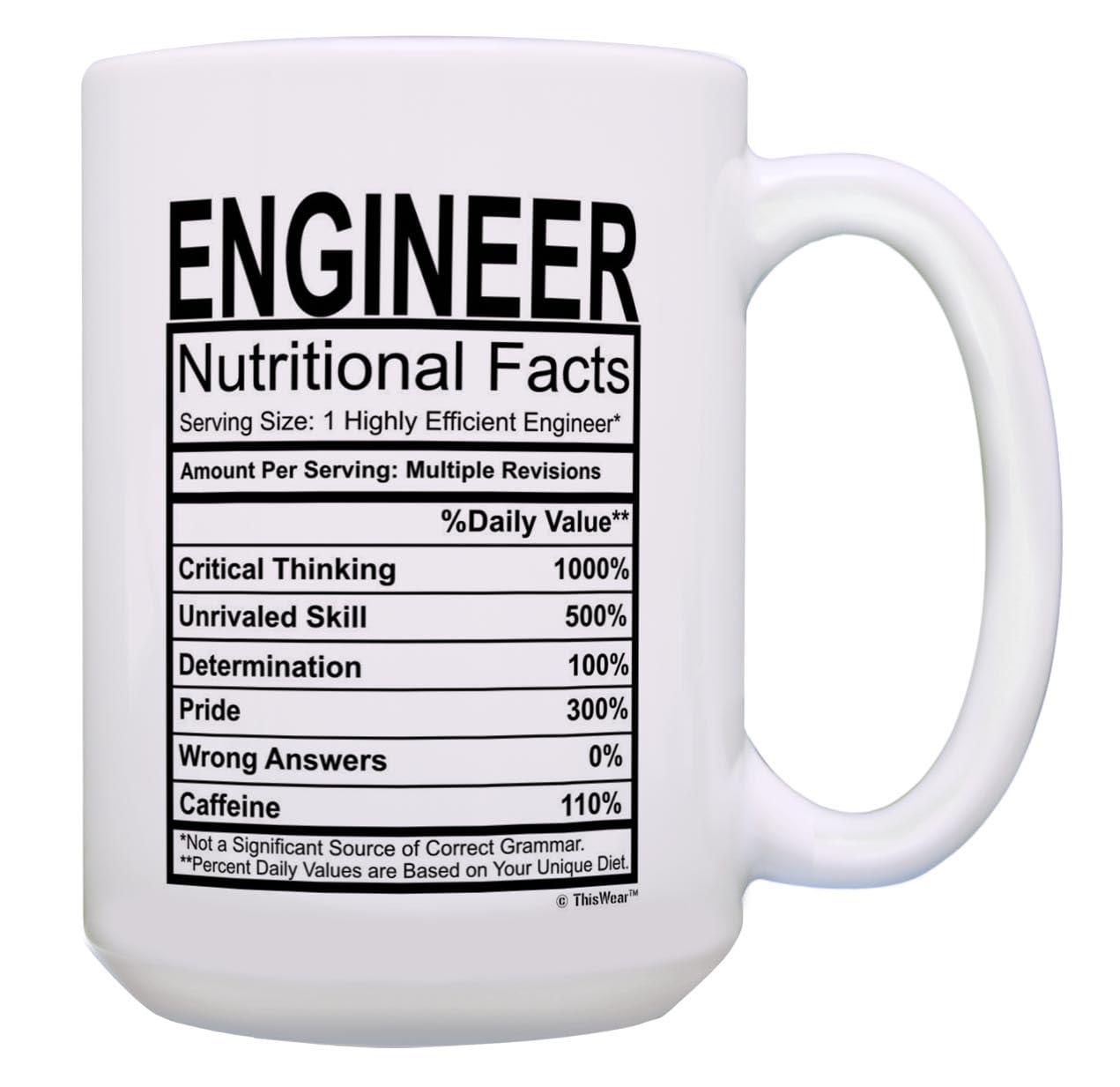 ThisWear Funny Engineer Gifts for Men Engineer Nutritional Facts Label 15oz Ceramic Coffee Mug with Handle