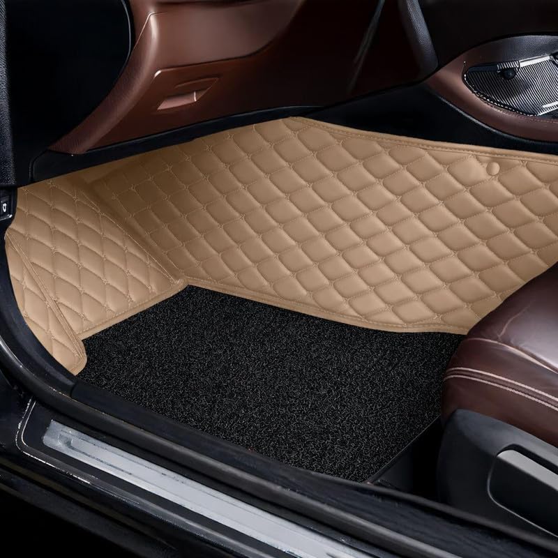 Image of 7D Car Foot Mat for Nissan TEKTON - 5 Seater | Beige with Black | Premium Leatherette | Imparts Luxurious & Elegant Look | 100% Waterproof and Dust Proof | Custom Fitted Car Floor Tray Mat