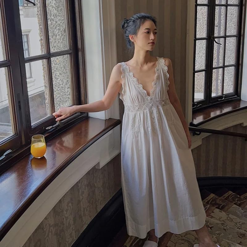 OFFSUM Camisón De Pijama De Mujer - Ropa De Dormir Sin Mangas De Encaje Sexy De Algodón Bordado A La Moda Ropa De Casa Informal De Gran Tamaño Estilo Palaciego Dulce Princesa