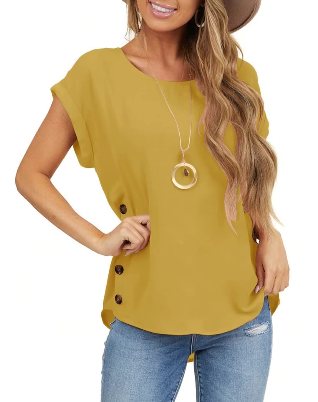 LimeroseWomen's Short Sleeve Tops Crew Neck Side Button Shirts Casual Loose Fit T-Shirt