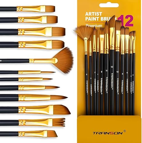 Transon Juego de 12 pinceles de pintura artística para acuarelas acrílicas
