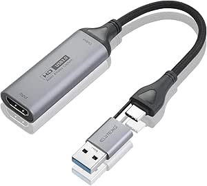 ELUTENG Video Capture Card for Live Gaming & Streaming,USB 3.0/Type-C 1080P HD to 60FPS Gaming with USB/Type C Adapter for Streaming,Video Recorder,Teaching,Conference