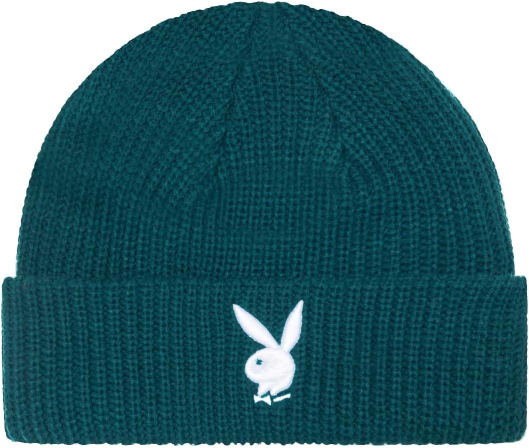 Playboy Classic Cuffed Beanie Black Cotton Knit Hat with Rabbit Head Logo, Unisex Winter Cap One Size Fits All