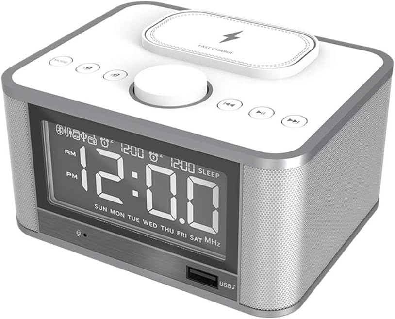 LHZTZKA Qi Certified Wireless Charging Digital Double Alarm Clock, Clock Radio Alarm Lightning Docking station FM Radio, Bluetooth, USB Port for Charging, LCD Display, Aux-in