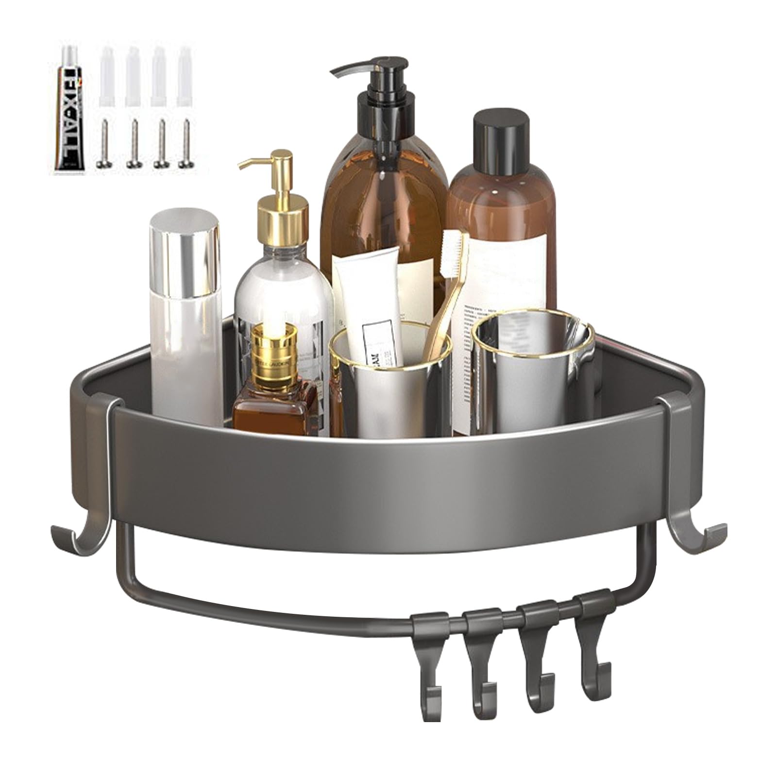 Wall Mounted Storage Tray Corner Shampoo Holder Shower Corner Wall Shelf Kitchen Bathroom Shelf with Hooks Tray Organizer Bathroom Kitchen Rust Proof