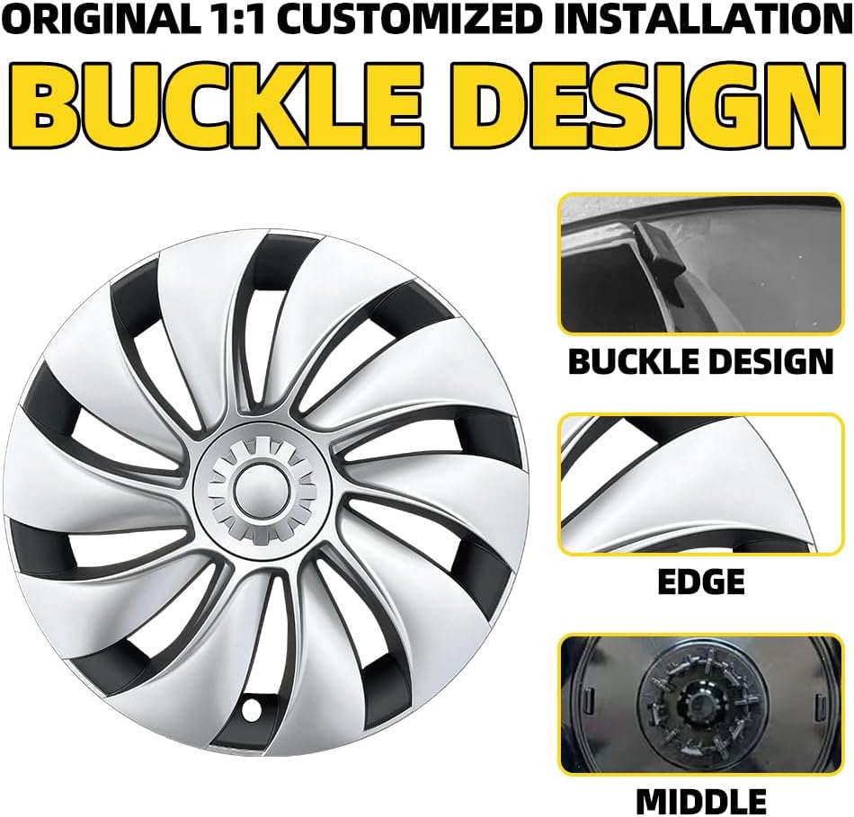 Fast Style 19 inch Wheel Covers for Tesla Model Y 2025 2026，Full-Edge Coverage Hubcaps Compatible with 2025 2026Tesla Model Y - 4 pcs，Rugged PC + ABS Material，Baked Enamel (New Silver-Black)