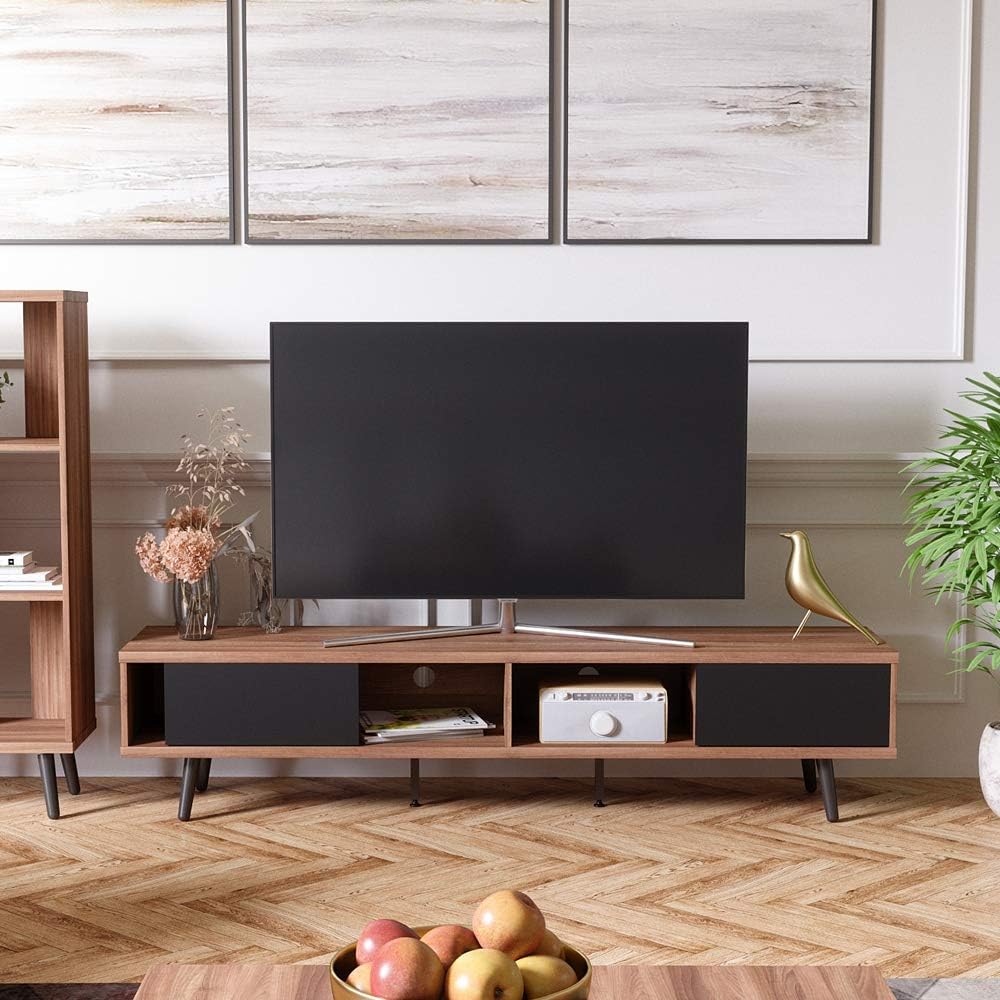 Bestier 70 Inch Large Entertainment TV Stand, Wood Media Storage Console Center for TV, Mid Century Modern Entertainment Center Hollow Core TV Stand Cord Management for Living Room Walnut : Home & Kitchen