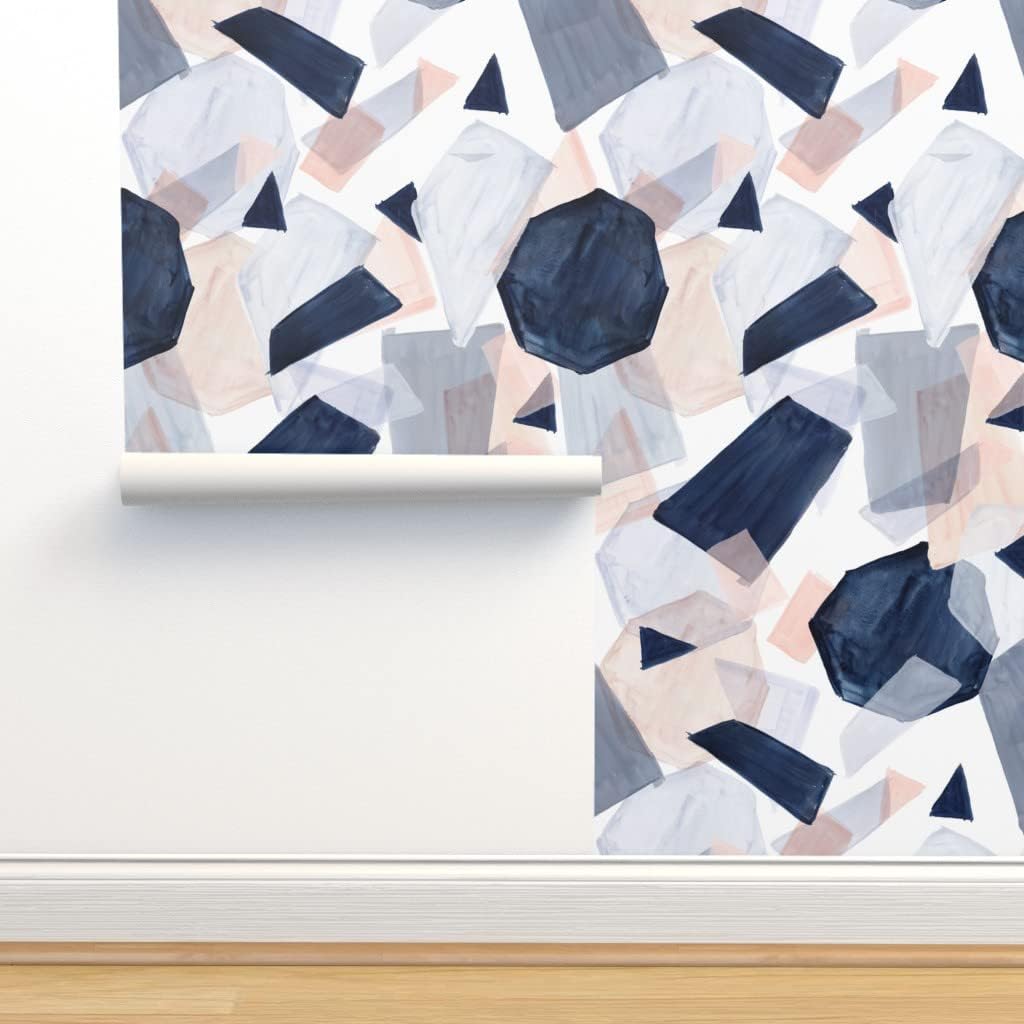 Get Discount Offer Peel & Stick Wallpaper 9ft x 2ft - Geo Shapes Navy Blush Watercolor Soft Mod Geometric Abstract Boho Pastel Custom Removable Wallpaper by Spoonflower