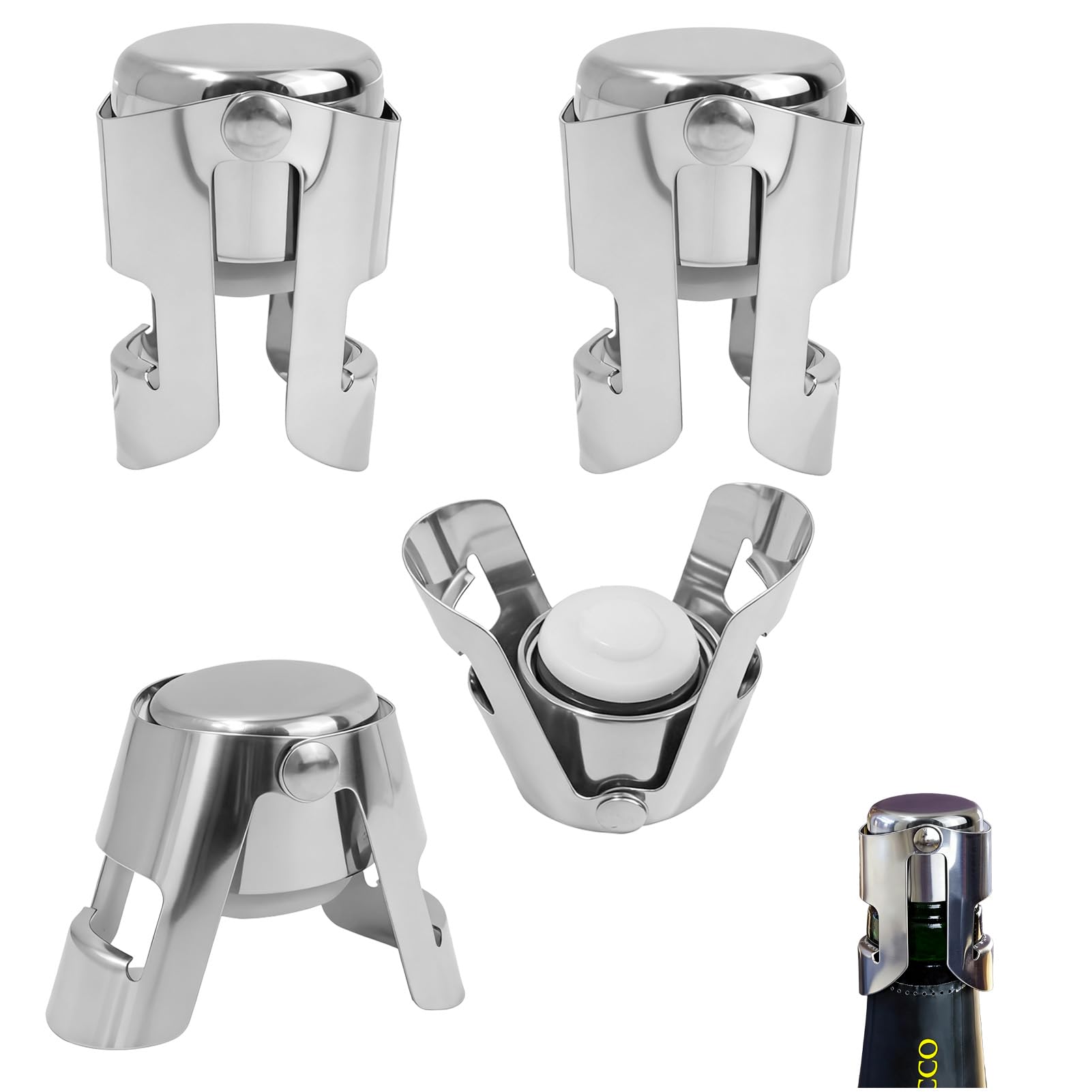 4PCS Champagne Stoppers, Stainless Steel Wine Bottle Stopper with Locking Seal, Leak Proof Sparkling Wine Preserver Cap, Reusable Bottle Stopper for Champagne, Wine Bottles and Prosecco Stopper