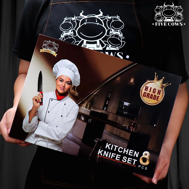 Miniatura 6 de Juego de cuchillos de chef de 8 piezas, acero inoxidable alemán de alto carbono ultra afilado, afilado y duradero, mango antideslizante ligero,