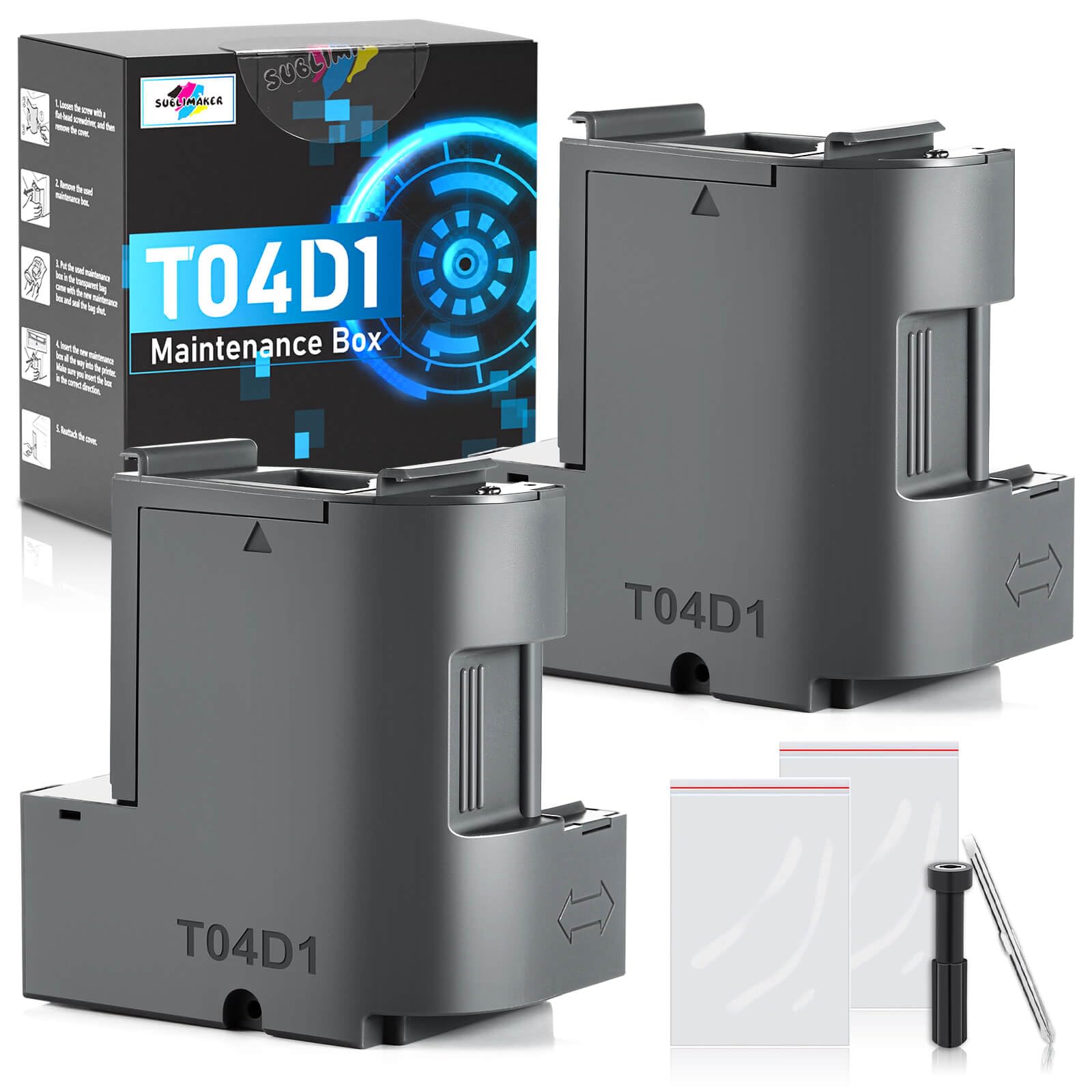 T04D1 T04D100 Ink Maintenance Box for EcoTank ET-15000 ET-3760 ET-3850 ET-4850 ET-4760 ET-3750 ET-4750 ET-3830 ET-2980 ET-3950 ET-4950 ET-5150 ET15000 ET3760 ET3850 ET4750 Printer, TO4D1/04D1/2 Packs
