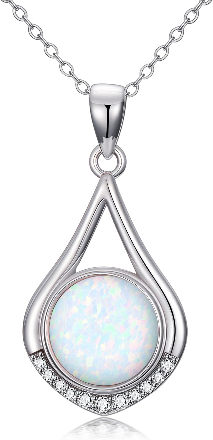 925 Sterling Silver Opal Necklace for Women White Opal with Genuine Diamond Pendant Necklace, Chain 16"+2" Extend