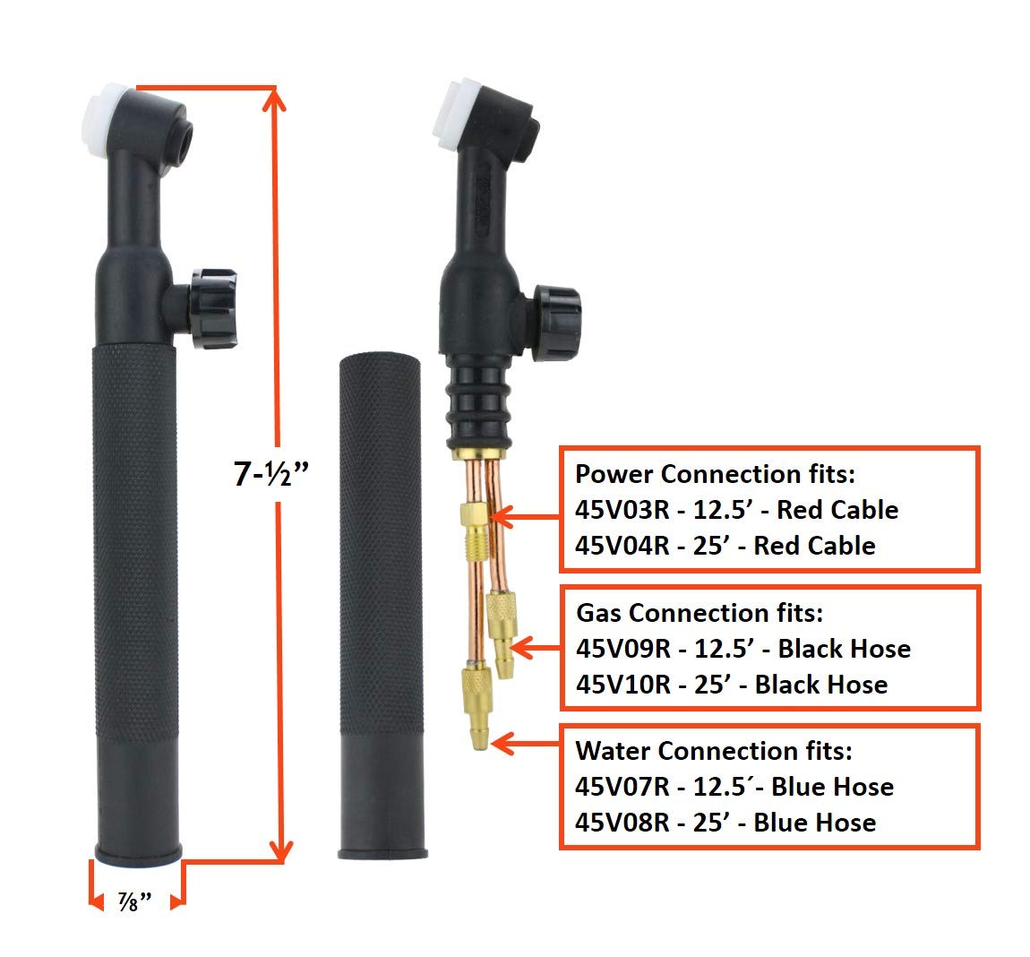 20 Series TIG Torch Head Body - With Valve and Flexible Head - 250 Amp - Water Cooled - Model: WP-20FV