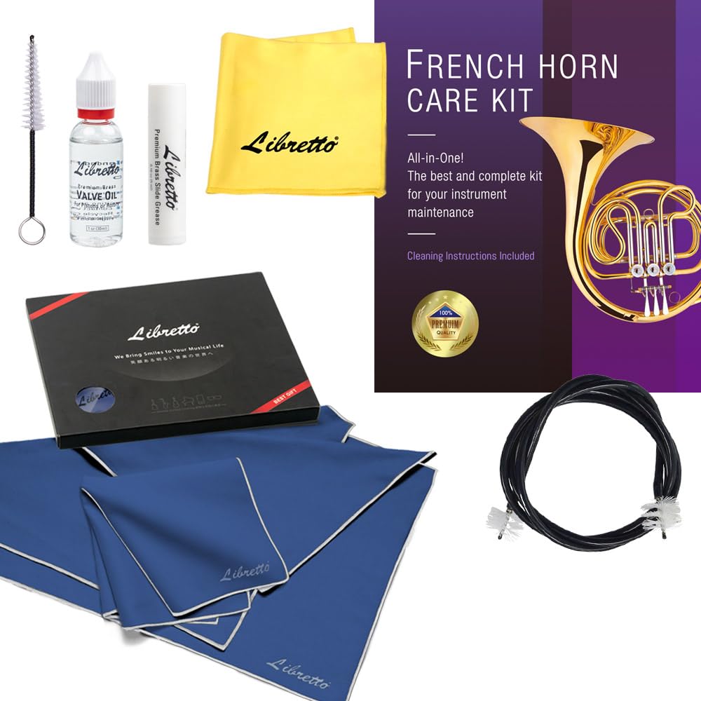 Libretto French Horn ALL-INCLUSIVE Cleaning & Care Kit + Libretto Microfiber Polish Cloth for Musical Instrument, 3 Sizes in 1 Pack, Blue