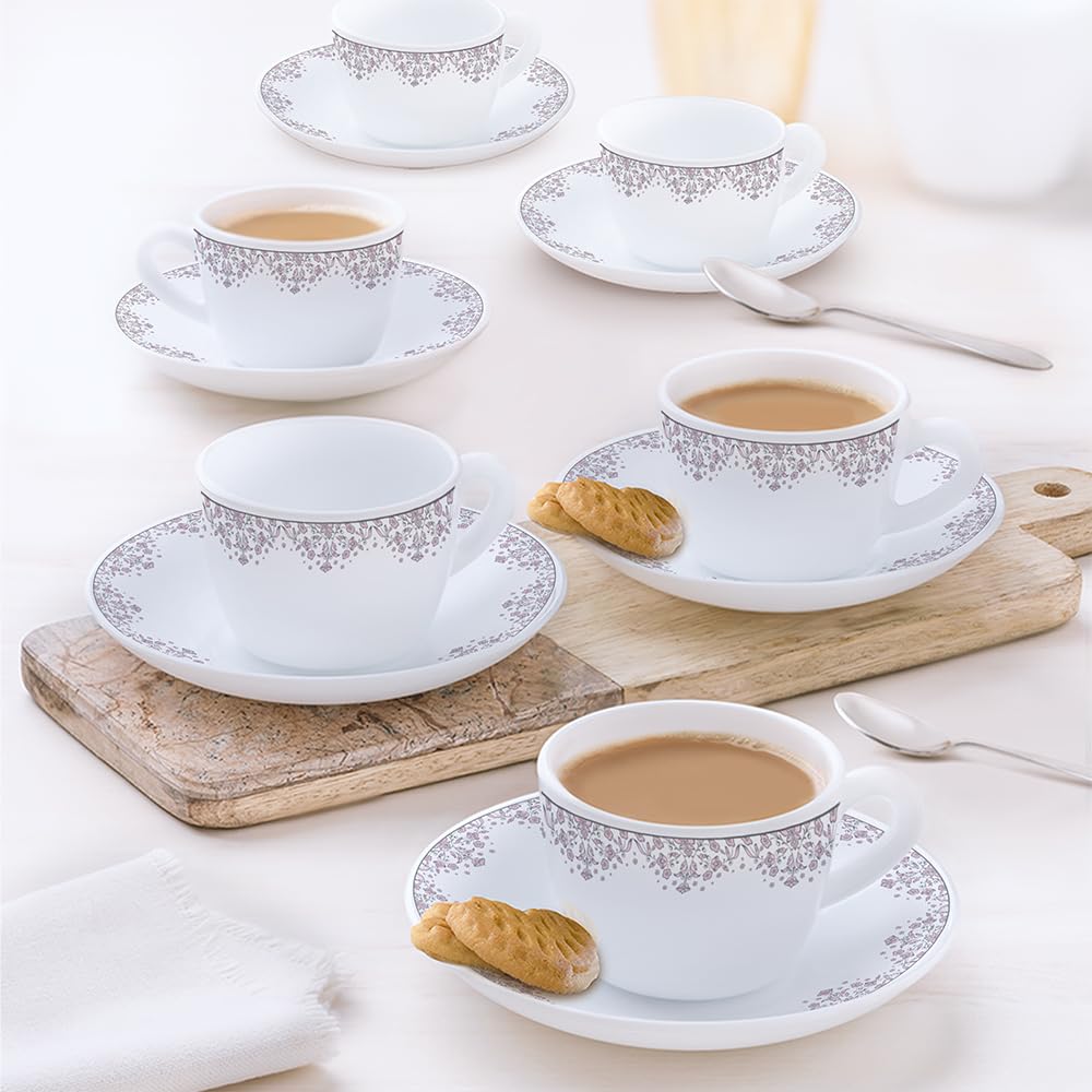 Larah by BOROSIL Lark Opalware Cup and Saucer Set of 12 pcs | Tea