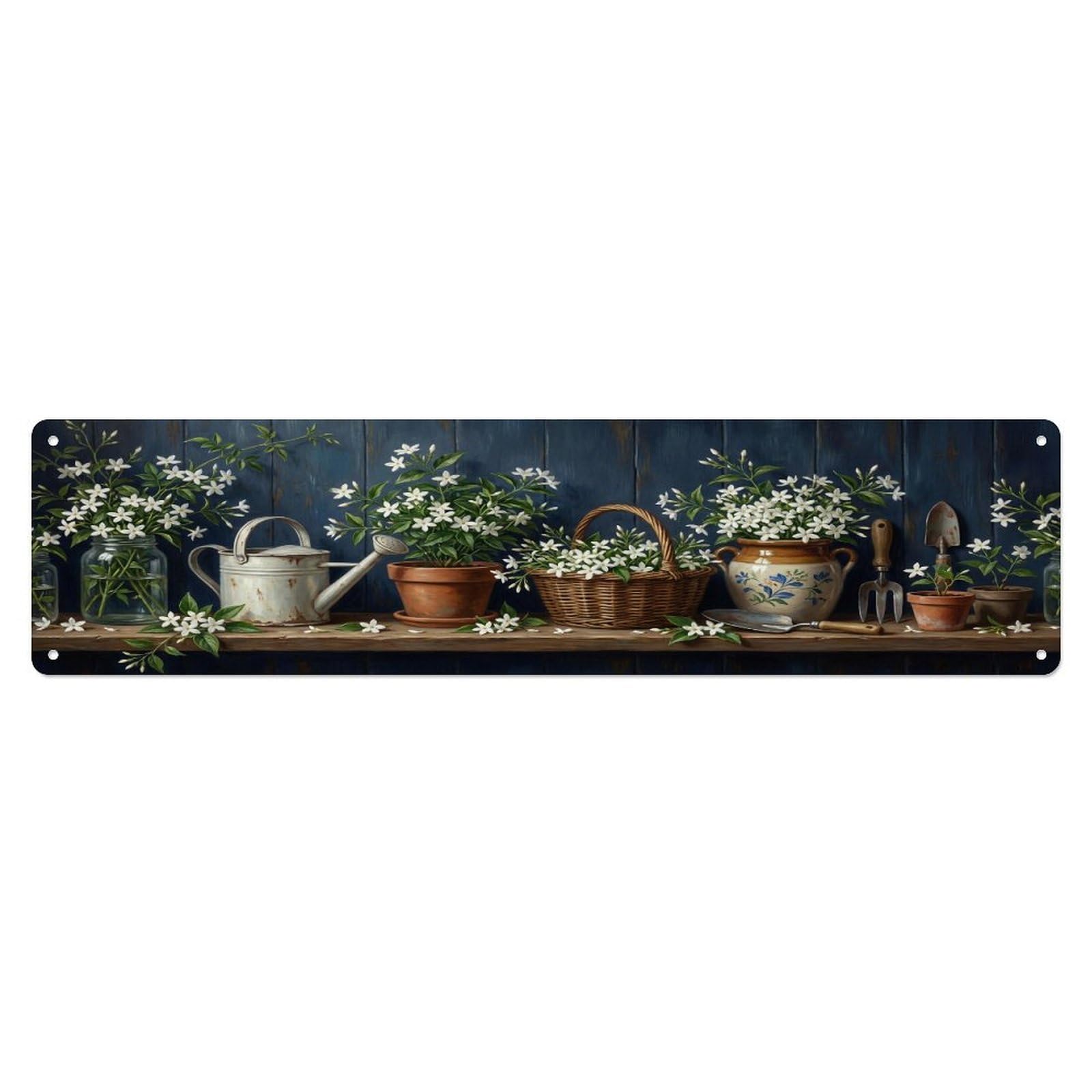 Floral Garden Tools Jasmine Jar Pattern Print Metal Tin Sign