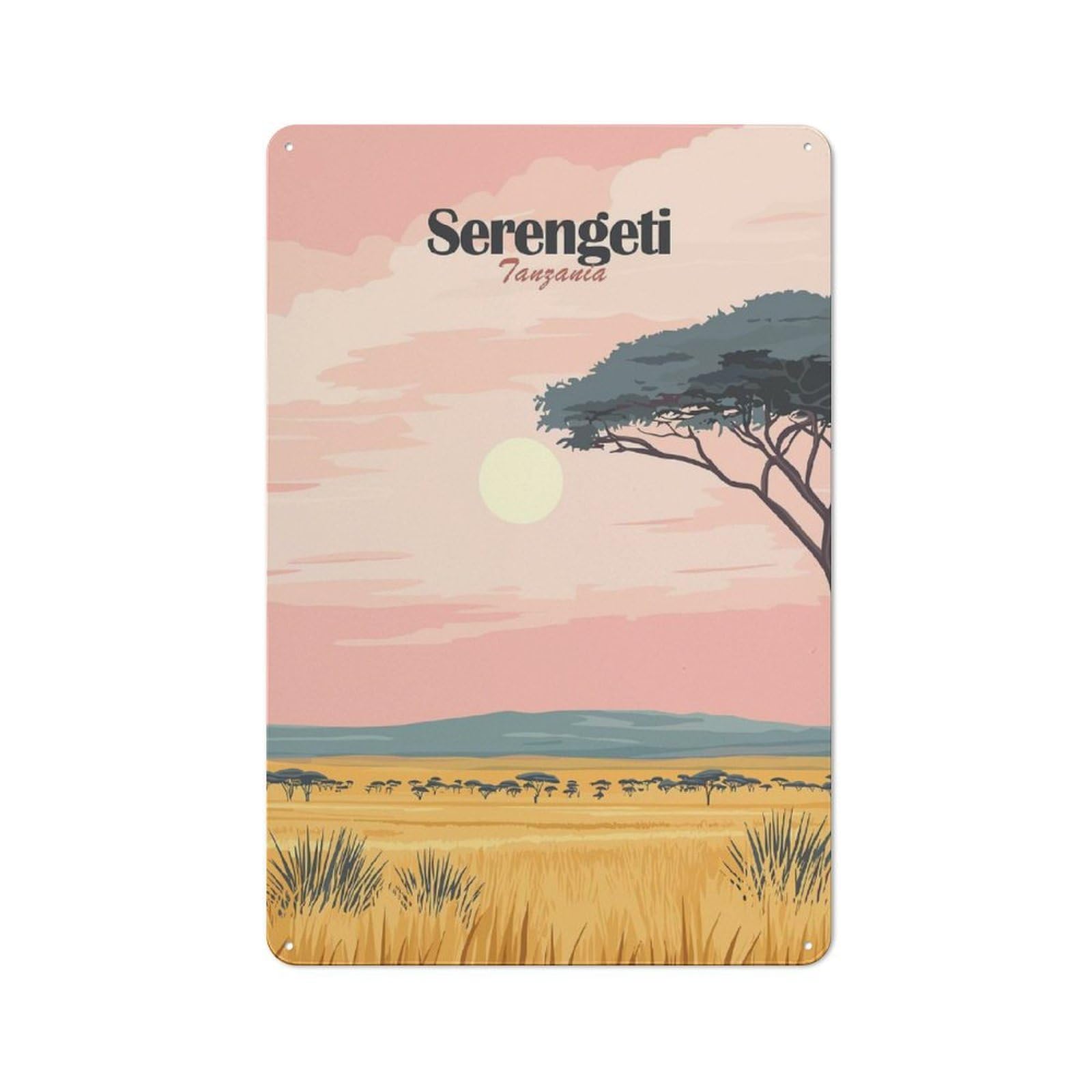 Junmoney Style-12 Loft Style Serengeti Tanzania Landscape Illustration Decorative Metal Plaque 30X20cm, Studio Wall Art For Workspace, Cafe, Hallway Or Garage