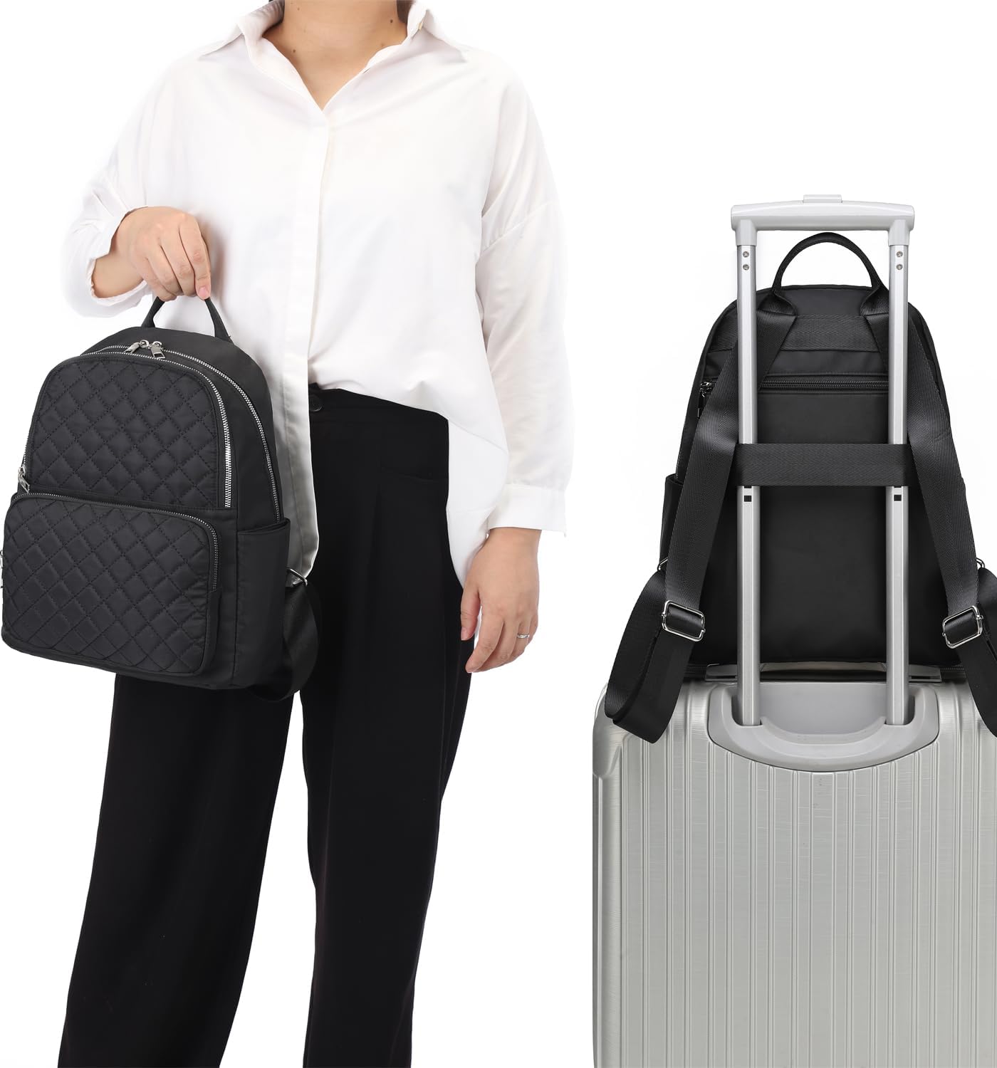 zhongningyifeng Women's Travel Backpack, Nylon Daypack with Silver Zippers, Black, Lightweight (Medium) - Image 6