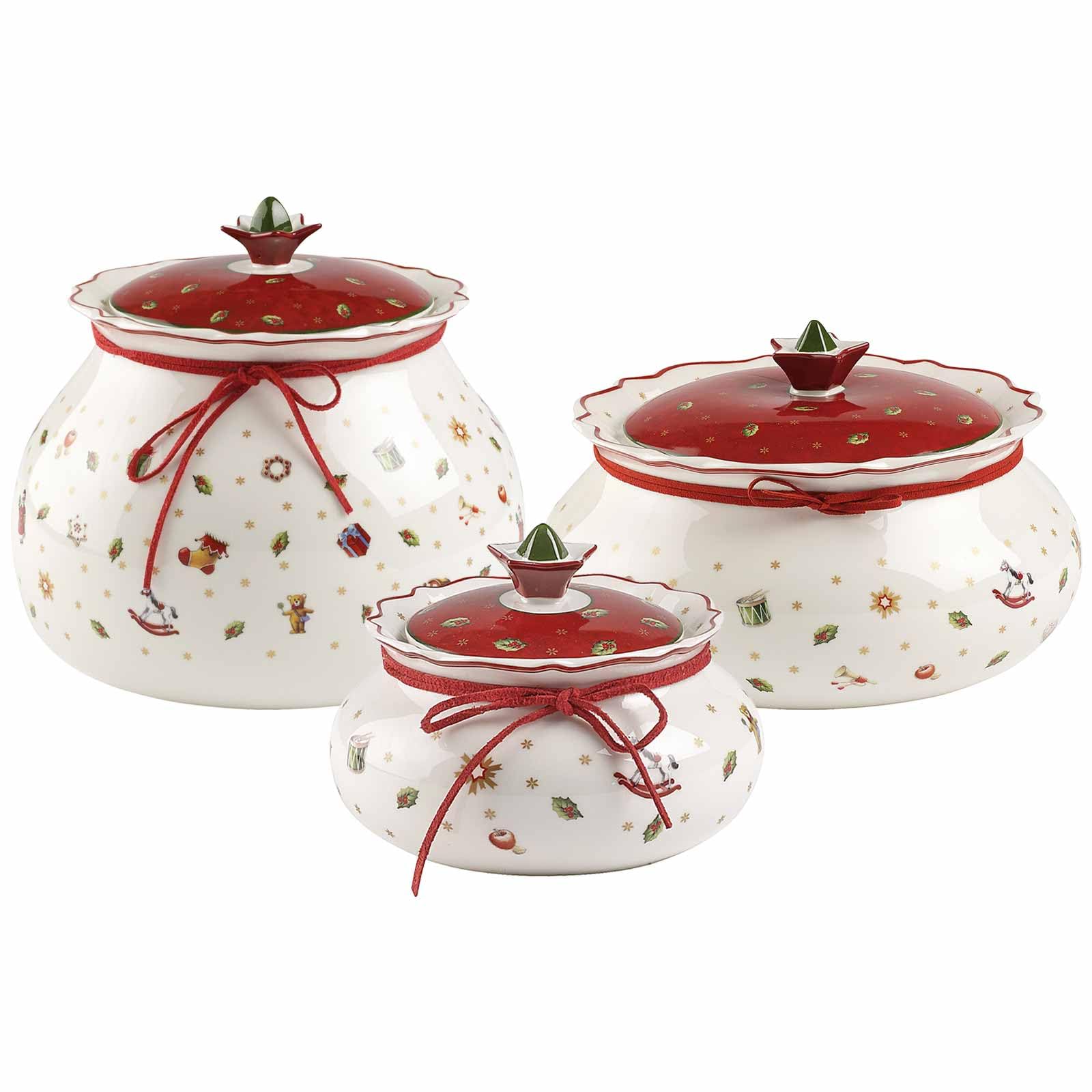 Villeroy & Boch Toy's Delight Dosen-Set 3-teilig, Vorratsdosen in 3 Größen (14 cm / 20 cm / 21 cm), Gebäckdosen/Keksdosen mit Weihnachtsdekor, Premium Porzellan, Weiß/Rot