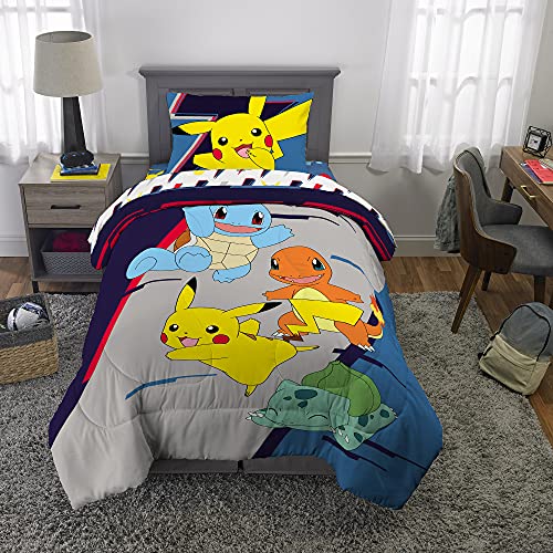 Kids Bedding Pokemon: Pikachu, Charmander, Squirtle And Bulbasaur Full Comforter And Sheet Set + Bonus SHAM (6 Piece Bed in A Bag) + Coloring Book, Blue