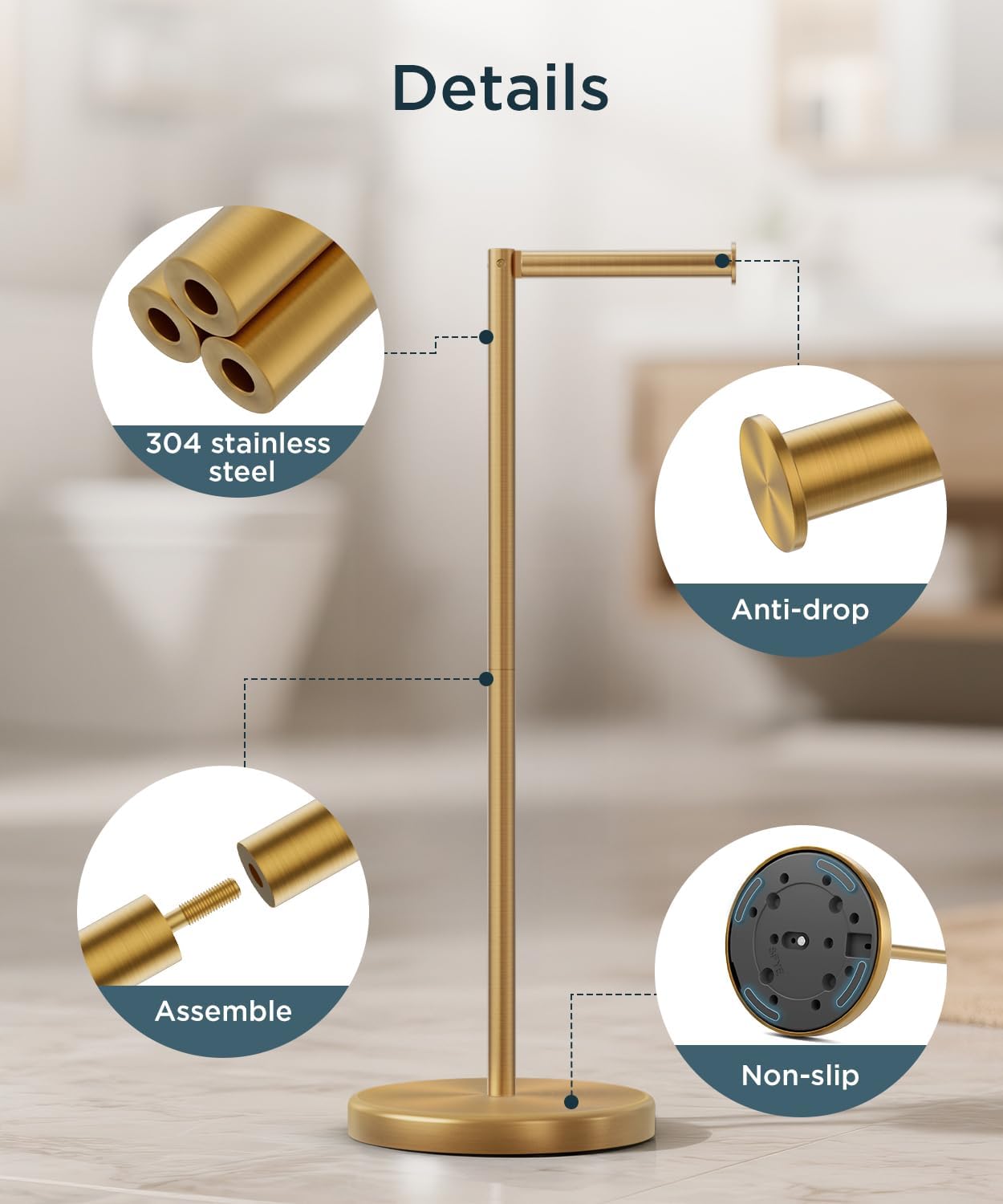 FORIOUS Toilet Paper Holder Stand, Modern Freestanding Tissue Roll Holder for Bathroom, Durable 304 Stainless Steel and Weighted Base Toilet Paper Stand, toilet paper storage for 4 Rolls, Brushed Gold