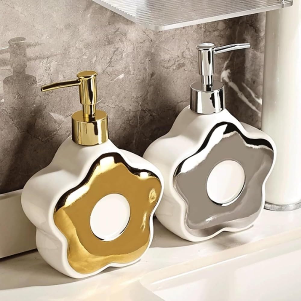 Dozownik mydła łazienkowego Dozownik do mydła w płynie do rąk i naczyń w kształcie kwiatka, ceramiczny, 350 ml, do kuchni i łazienki, do użytku komercyjnego Dozowniki łazienkowe(Silver)