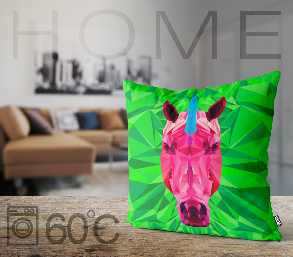 VOID Jednorożec Polygon Unicorn poszewka na poduszkę do użytku wewnątrz i na zewnątrz, poduszka o wymiarach 80 x 80 cm; kolor poduszki: zielony
