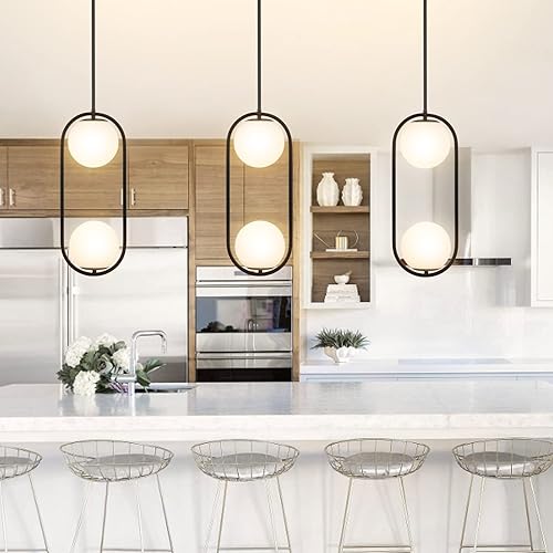 Miniatura 2 de Lámpara de araña moderna de globo de 2 luces, lámpara colgante de mediados de siglo, color negro mate, lámpara colgante de techo con pantalla de