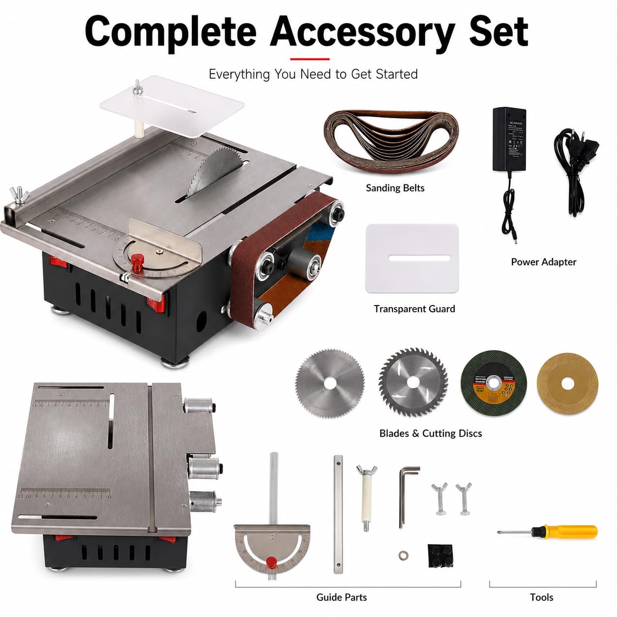 Mini sierra de mesa 200 W, 7 velocidades ajustables, 10000 rpm, sierra circular portátil, ángulo ajustable 0-90°, profundidad de corte 33 mm